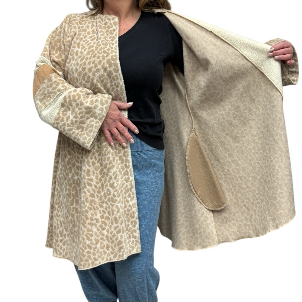 Vintage Beige Leopard Print Open Front Coat Textured Sleeve Stripes Handmade - Picture 11 of 11